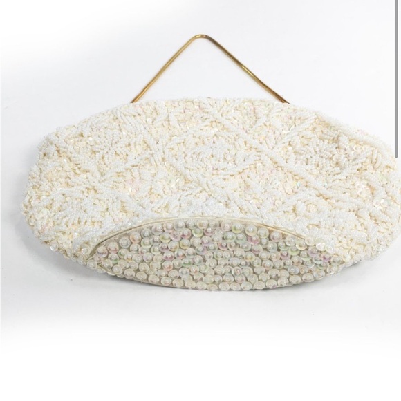 Vintage 60s La Regale White Beaded Sequin Evening Bag Purse 8" Frame Cocktail - Picture 3 of 8